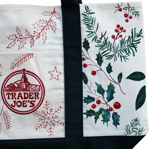 Hand Painted Trader Joe’s Christmas Canvas Tote Bag – Poinsettia & Holly Design - Picture 4 of 5